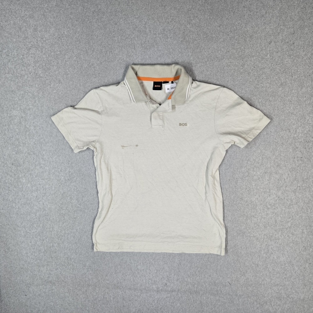 Hugo BOSS Men Polo M Beige Button Logo Short Sleeve Collar Pullover Slim READ